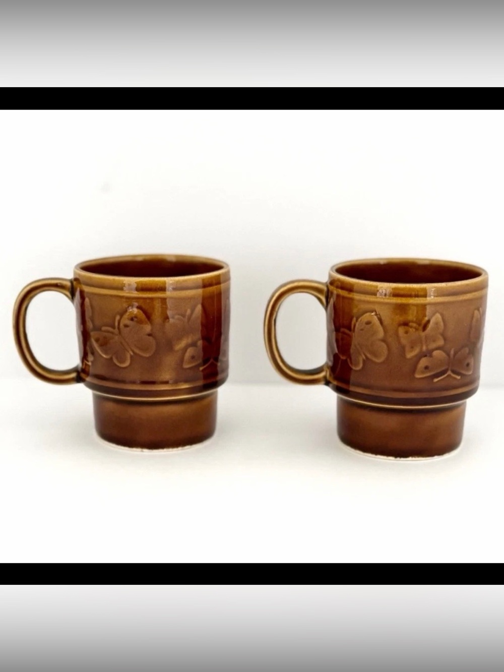 VINTAGE MUGS - Set Of 2 60s-70s Brown Ceramic Japan Butterflies Coffee Cups